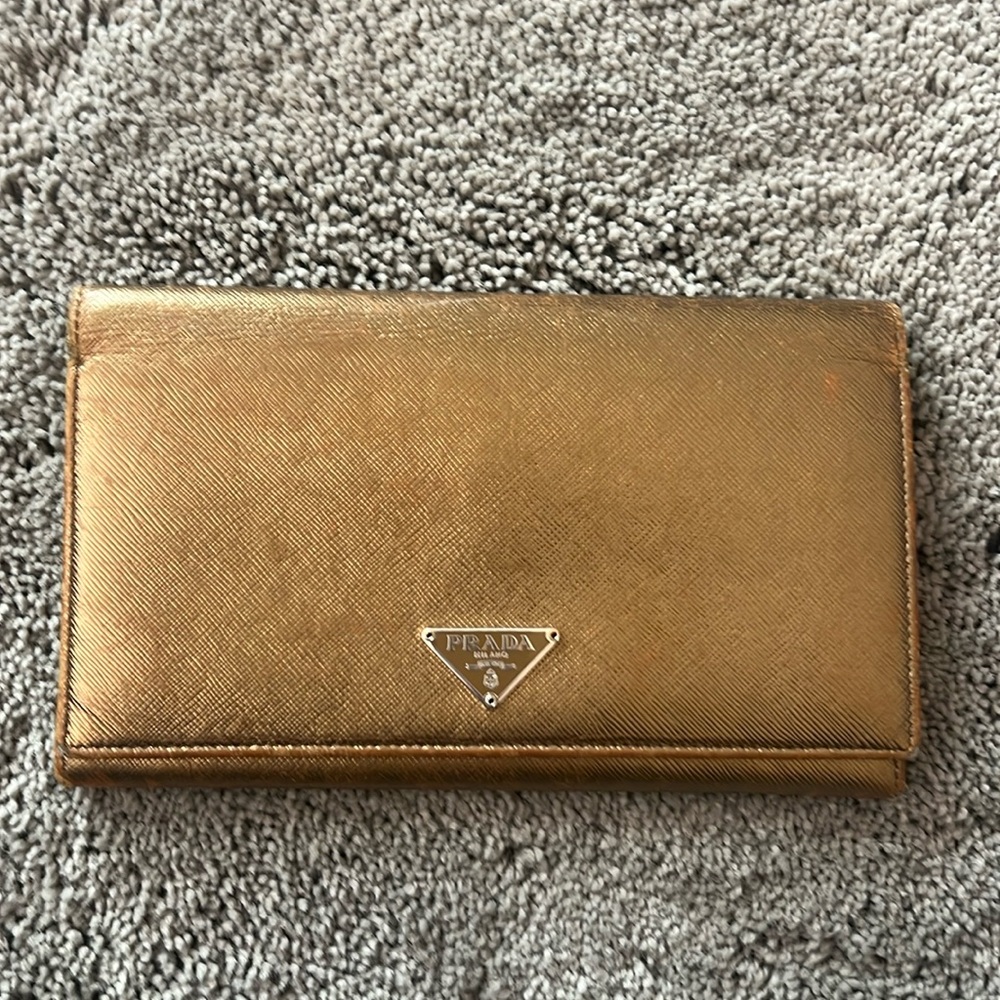 Prada metallic gold saffiano leather wallet